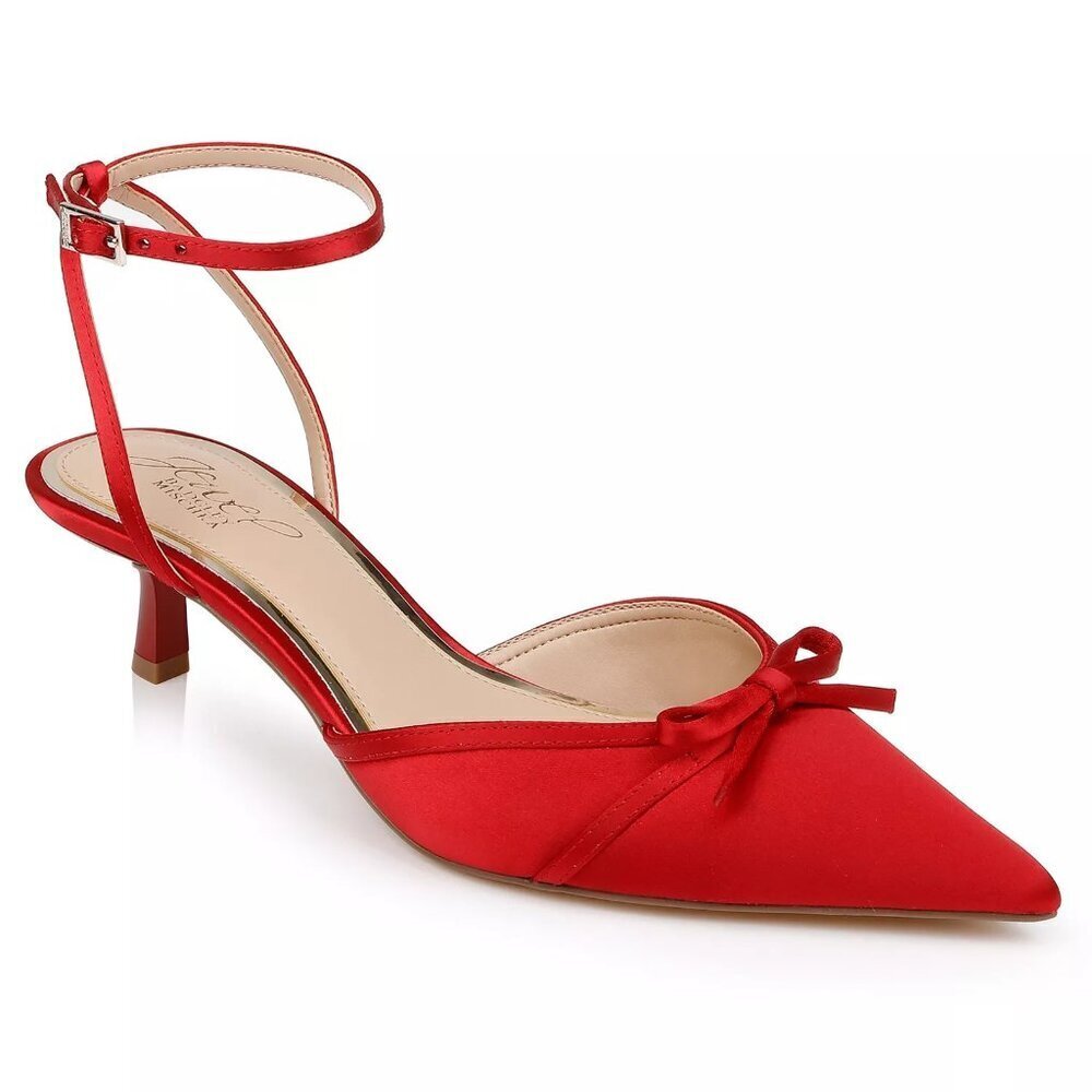 New Jewel Badgley Mischka Talasia Kitten Heel Red Satin Pumps Size 7